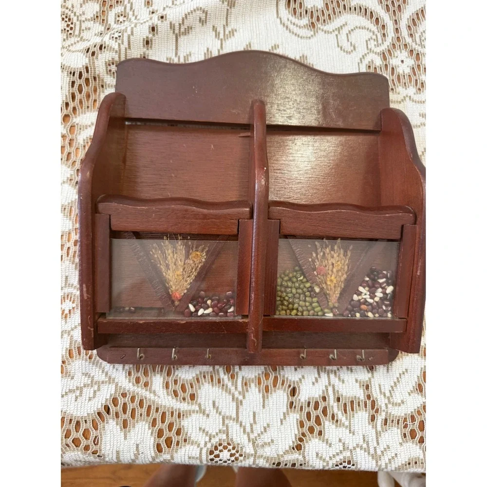 Vintage Wooden Wall Mail Organizer Key Rack Shadow Box Dried Wheat Beans